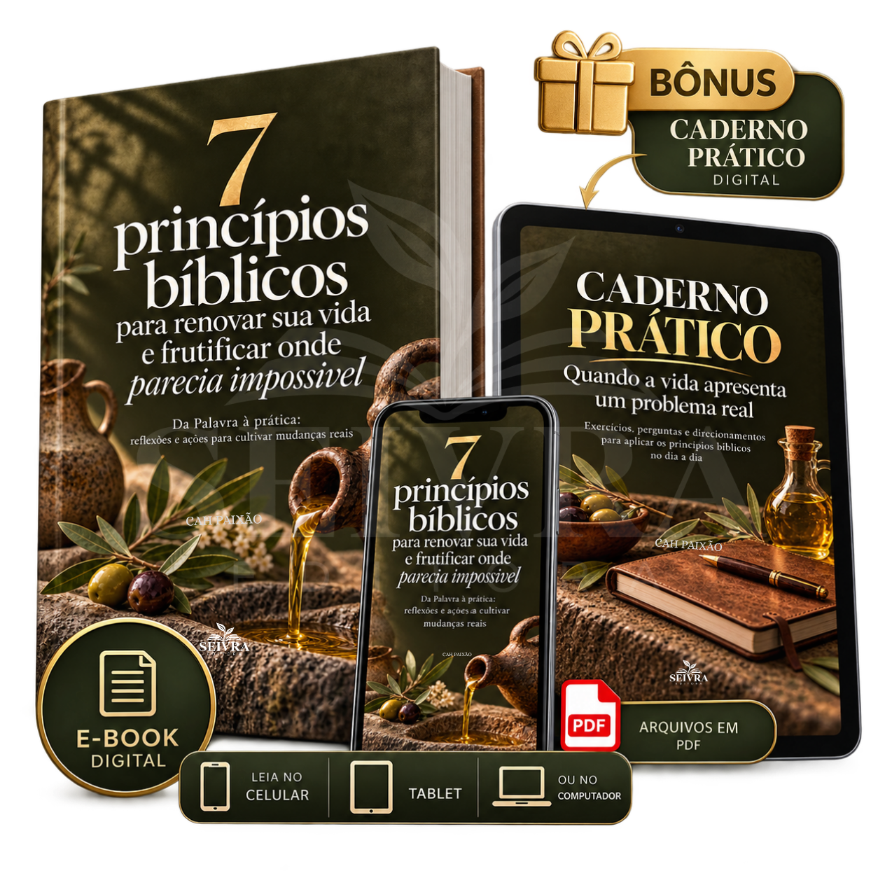 Mockup digital do livro 7 Princípios Bíblicos e do Caderno Prático de presente